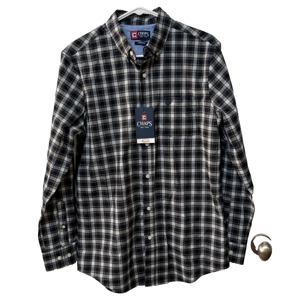 Chaps Shirt Mens Small Green Blue Plaid‎ Long Sleeve Button Down Stretch New